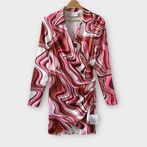 ASOS Design Sexy Swirl Long Sleeve Mini Shirt Dress Pink US 6 NWT